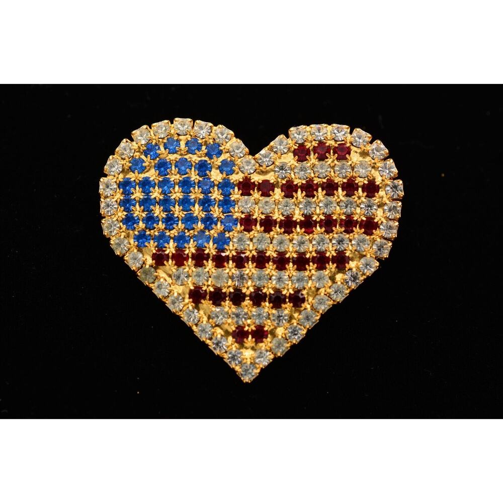 Vintage American Flag Crystal Heart Pin Brooch Rhinestone USA Gold 1980s aBinF